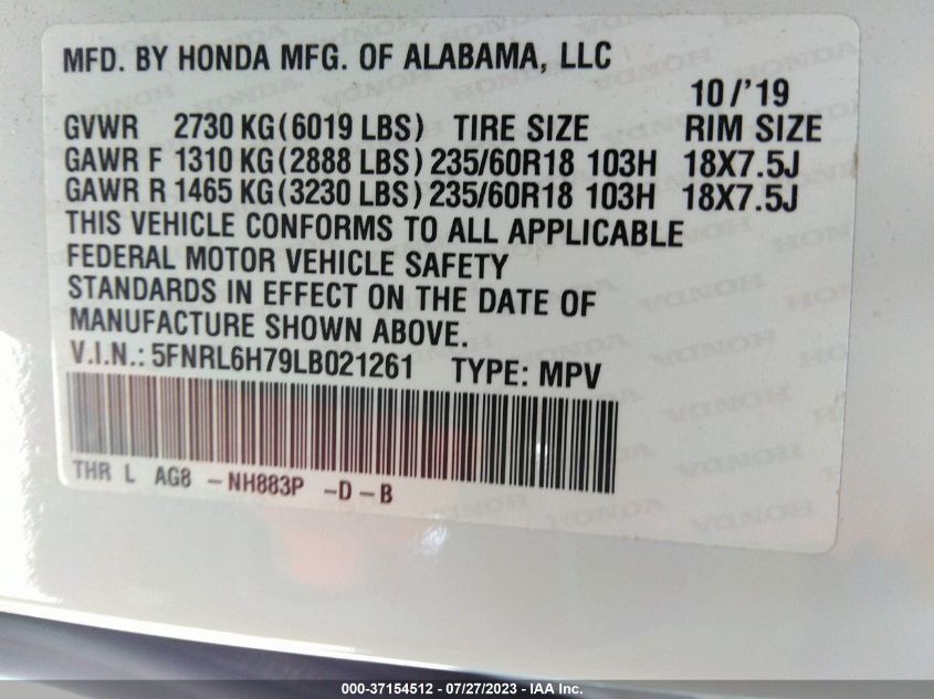 5FNRL6H79LB021261 2020 HONDA ODYSSEY, photo no. 9