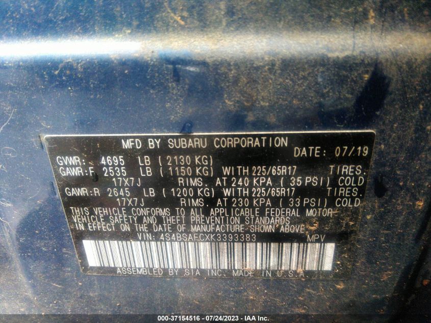2019 SUBARU OUTBACK PREMIUM - 4S4BSAFCXK3393383