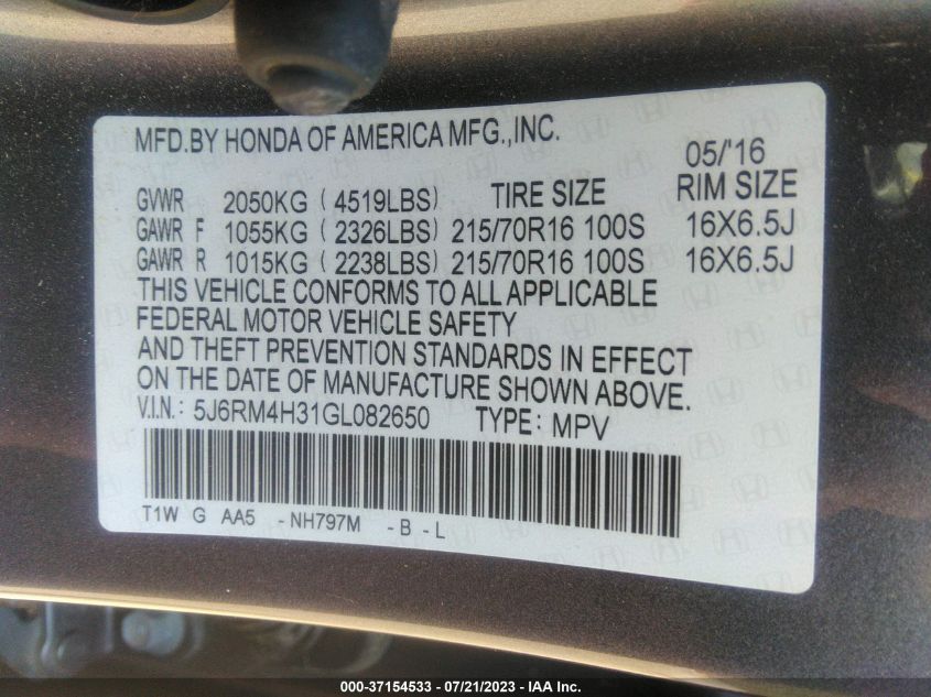 2016 HONDA CR-V LX - 5J6RM4H31GL082650