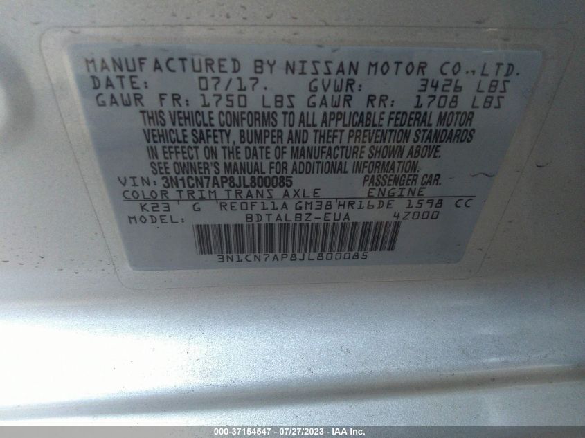 2018 NISSAN VERSA SEDAN SV - 3N1CN7AP8JL800085