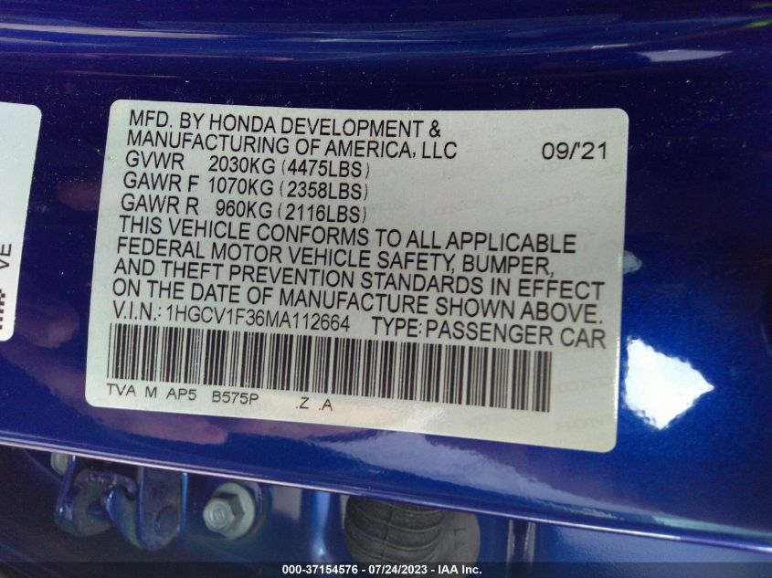2021 HONDA ACCORD SEDAN SPORT - 1HGCV1F36MA112664