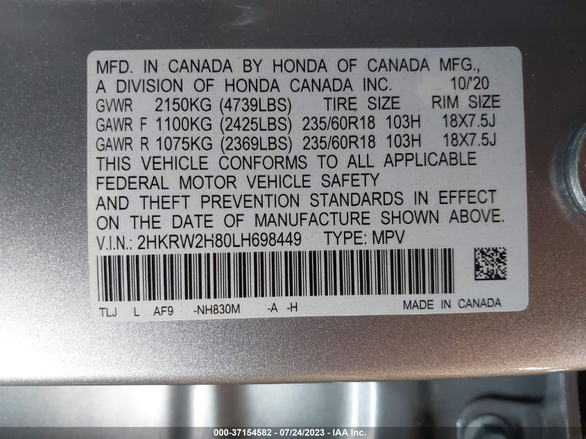 2020 HONDA CR-V EX-L - 2HKRW2H80LH698449