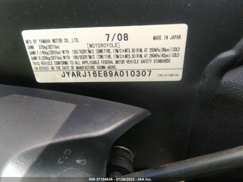 2009 YAMAHA YZFR6 JYARJ16E89A010307