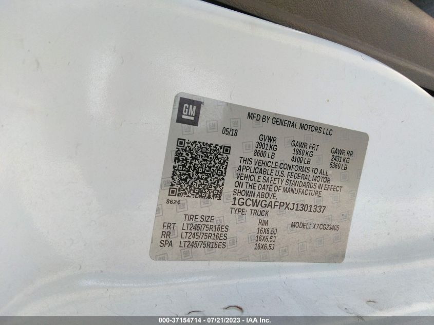 2018 CHEVROLET EXPRESS CARGO VAN - 1GCWGAFPXJ1301337