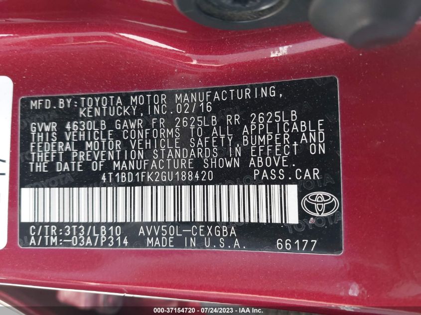 2016 TOYOTA CAMRY HYBRID LE/XLE/SE - 4T1BD1FK2GU188420