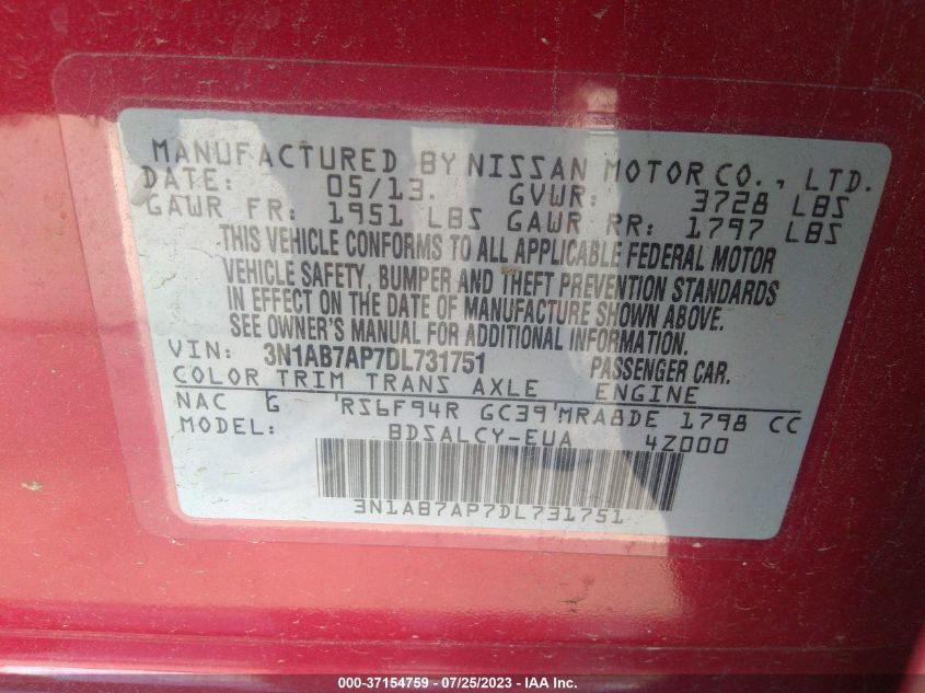 2013 NISSAN SENTRA S - 3N1AB7AP7DL731751