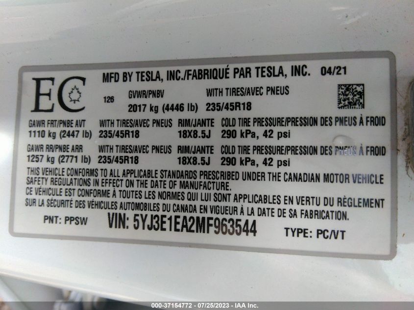 2021 TESLA MODEL 3 - 5YJ3E1EA2MF963544