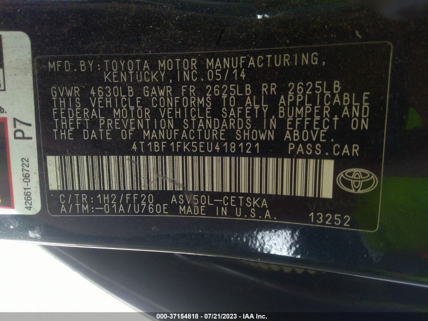 2014 TOYOTA CAMRY L/LE/XLE/SE/SE SPORT - 4T1BF1FK5EU418121