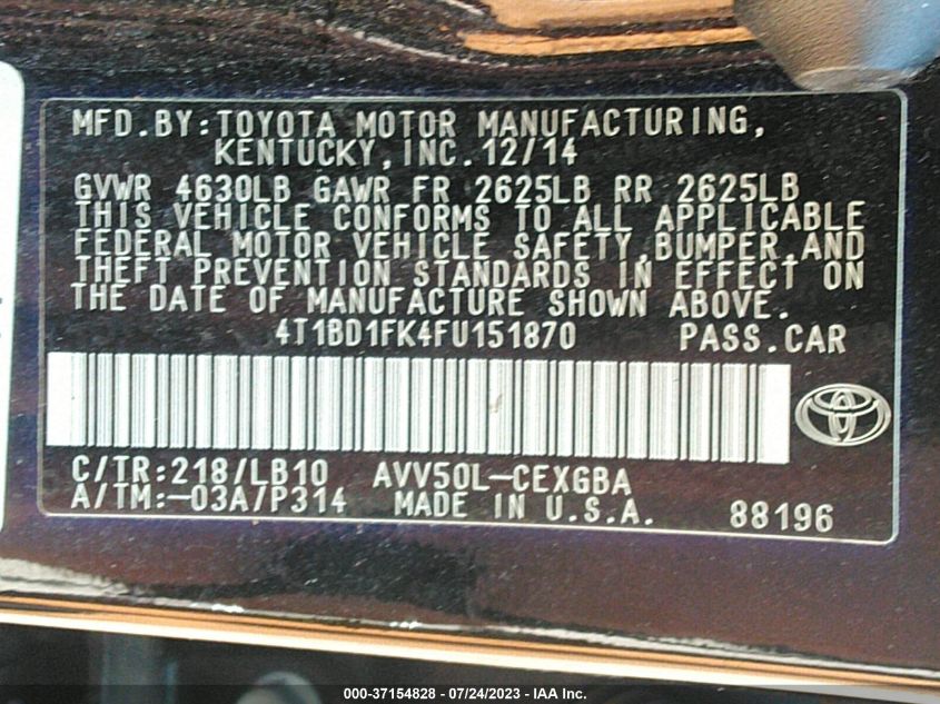 2015 TOYOTA CAMRY HYBRID LE/XLE/SE - 4T1BD1FK4FU151870
