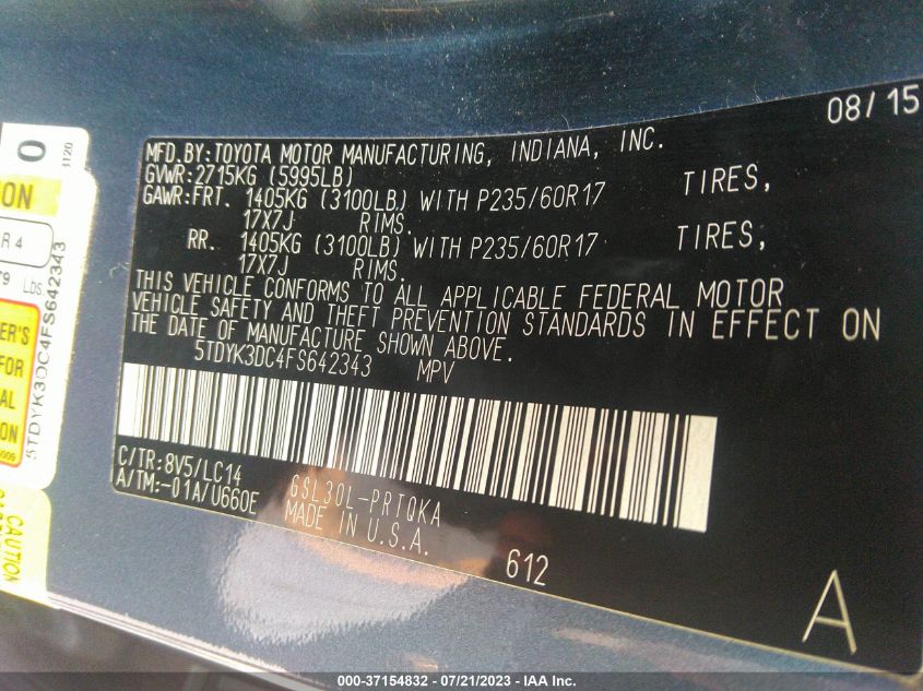 2015 TOYOTA SIENNA XLE - 5TDYK3DC4FS642343