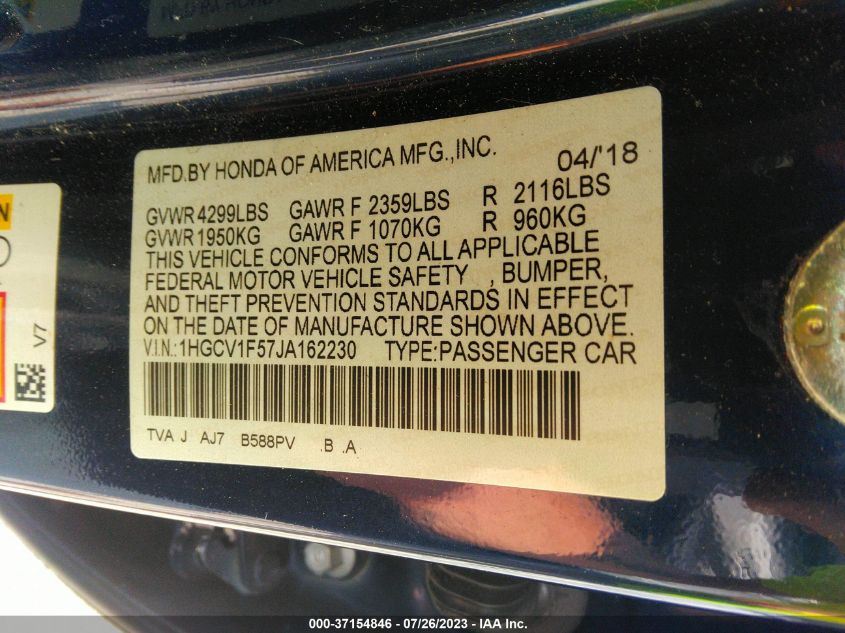 2018 HONDA ACCORD SEDAN EX-L 1.5T - 1HGCV1F57JA162230