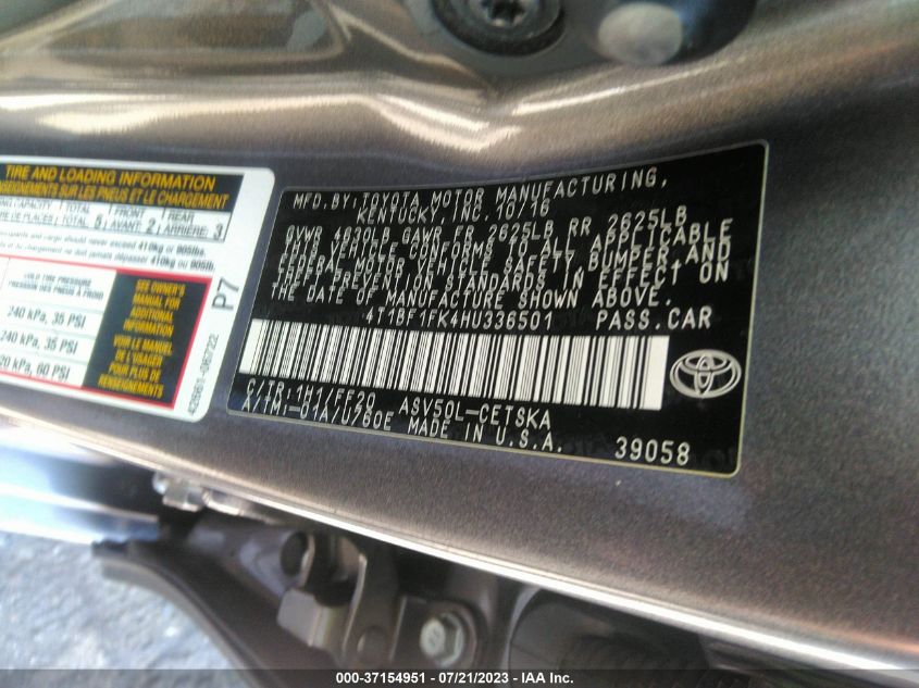 2017 TOYOTA CAMRY XLE/SE/LE/XSE - 4T1BF1FK4HU336501