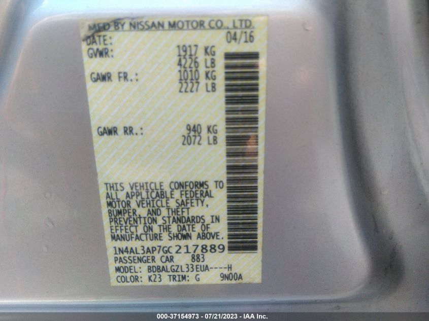 2016 NISSAN ALTIMA 2.5 S - 1N4AL3AP7GC217889