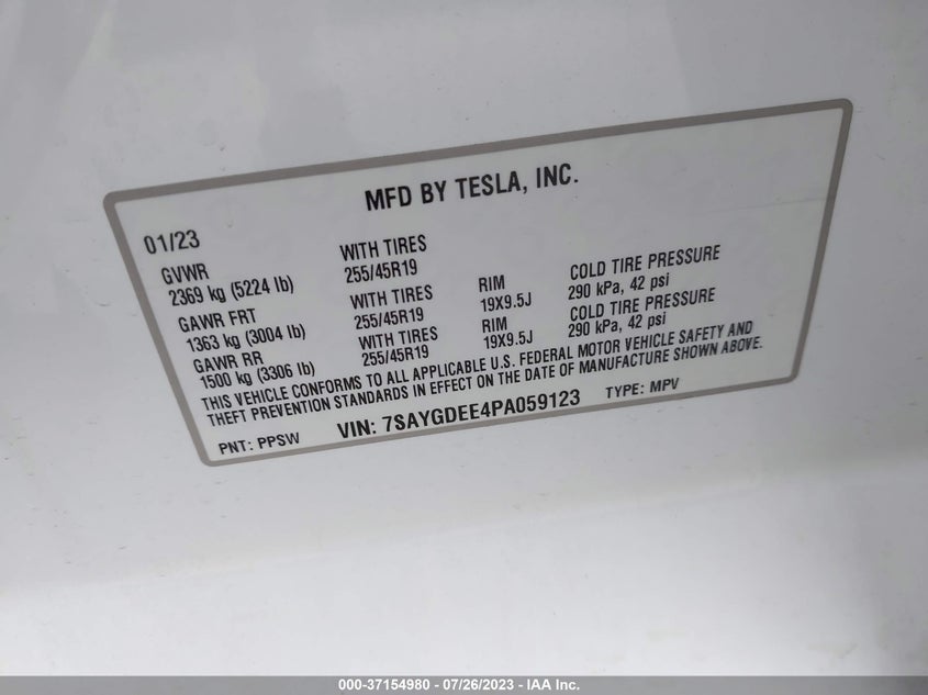VIN 7SAYGDEE4PA059123 2023 TESLA MODEL Y LONG RANGE