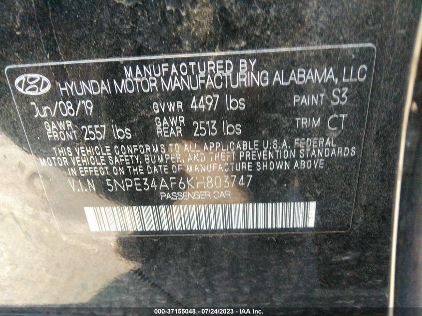 2019 HYUNDAI SONATA SPORT - 5NPE34AF6KH803747