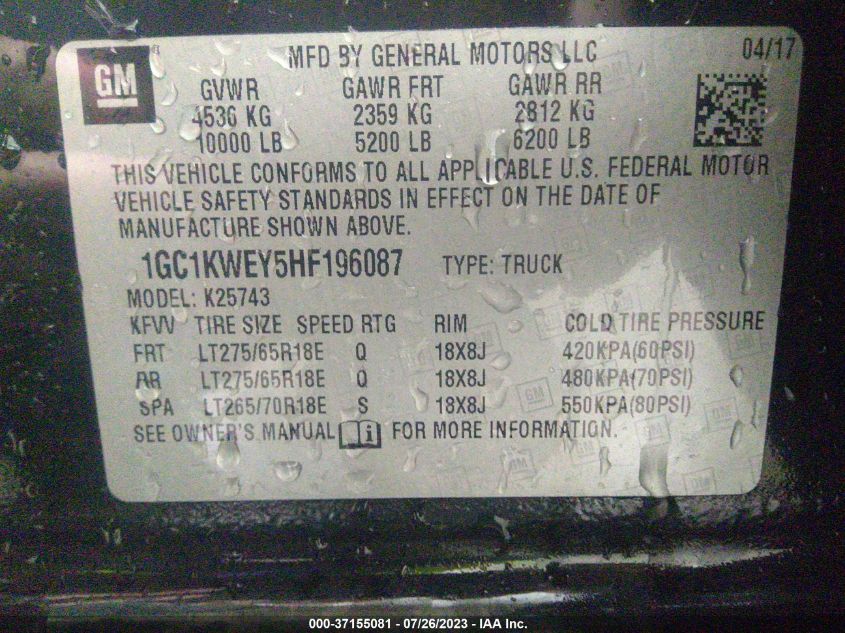 2017 CHEVROLET SILVERADO 2500HD LTZ - 1GC1KWEY5HF196087