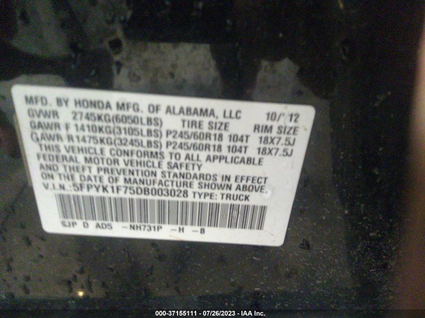 2013 HONDA RIDGELINE SPORT - 5FPYK1F75DB003028