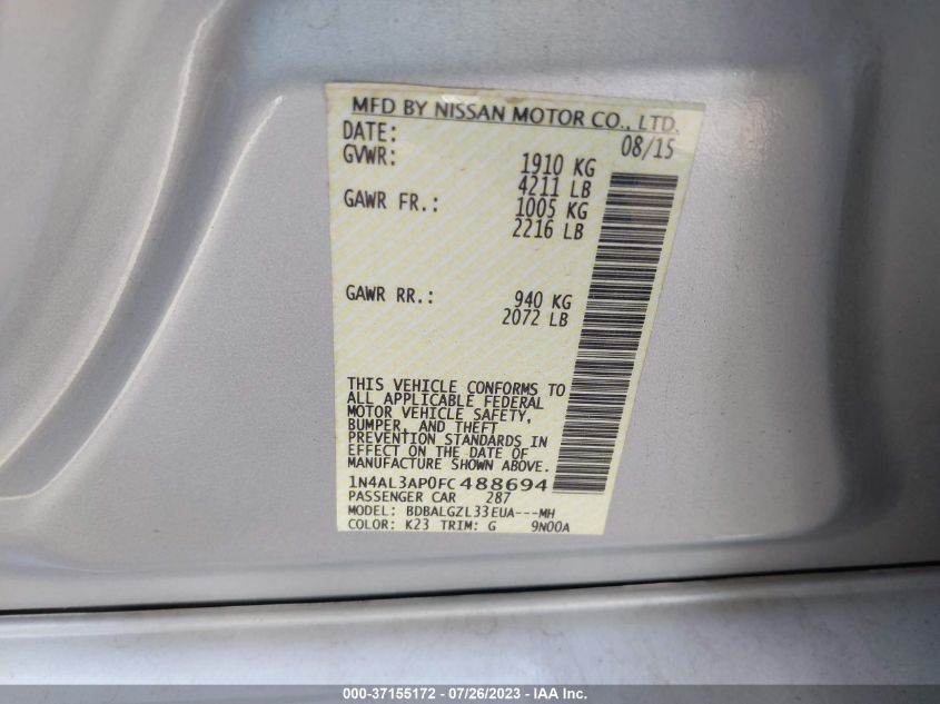 2015 NISSAN ALTIMA 2.5 S - 1N4AL3AP0FC488694