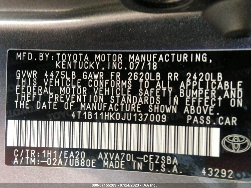 2018 TOYOTA CAMRY LE/SE/XLE/L - 4T1B11HK0JU137009
