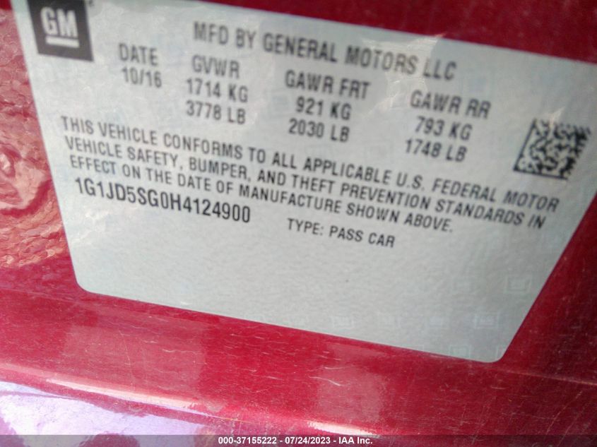 2017 CHEVROLET SONIC LT - 1G1JD5SG0H4124900