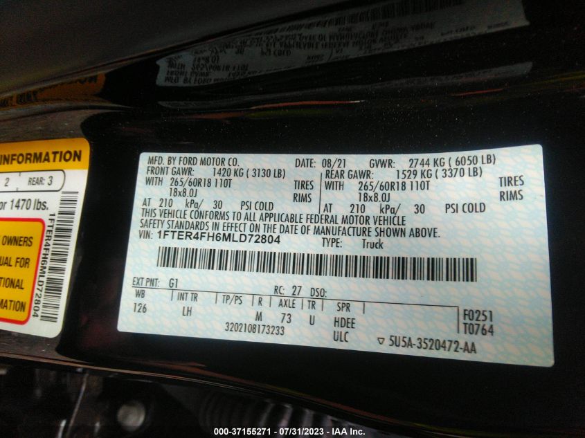 2021 FORD RANGER XL/XLT/LARIAT - 1FTER4FH6MLD72804