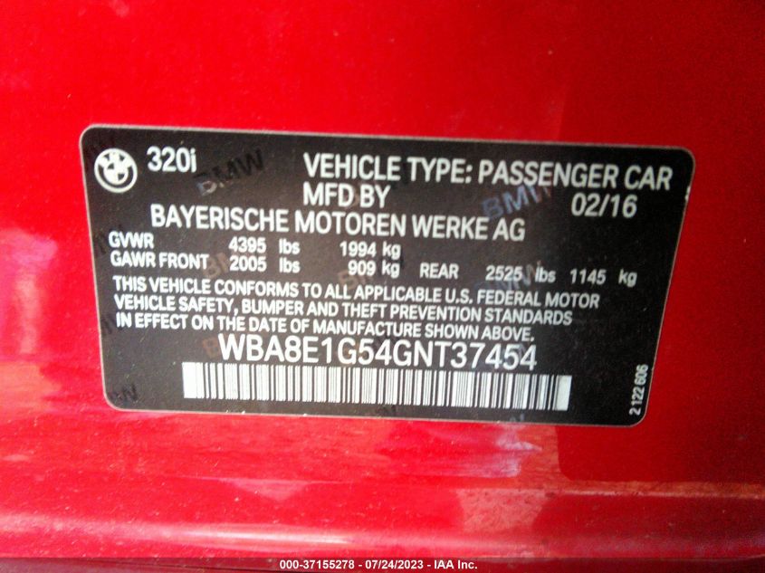 2016 BMW 3 SERIES 320I - WBA8E1G54GNT37454