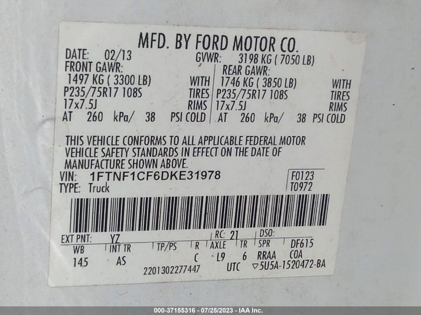 2013 FORD F-150 XL/XLT - 1FTNF1CF6DKE31978