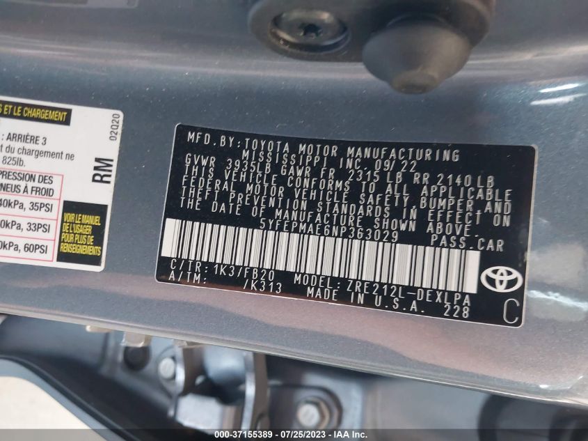2022 TOYOTA COROLLA LE - 5YFEPMAE6NP363029