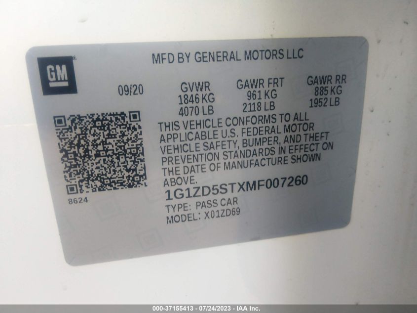 2021 CHEVROLET MALIBU LT - 1G1ZD5STXMF007260