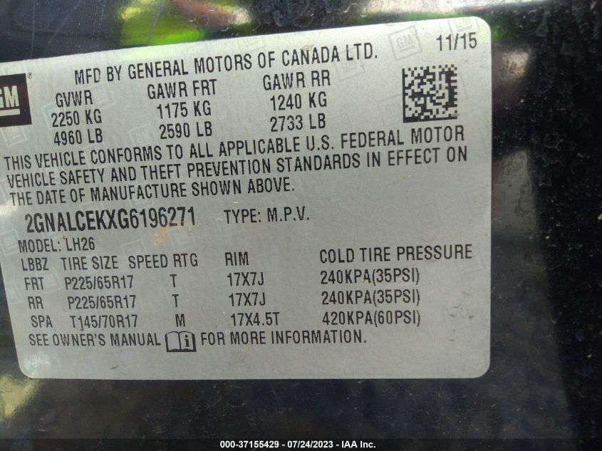 2016 CHEVROLET EQUINOX LT - 2GNALCEKXG6196271