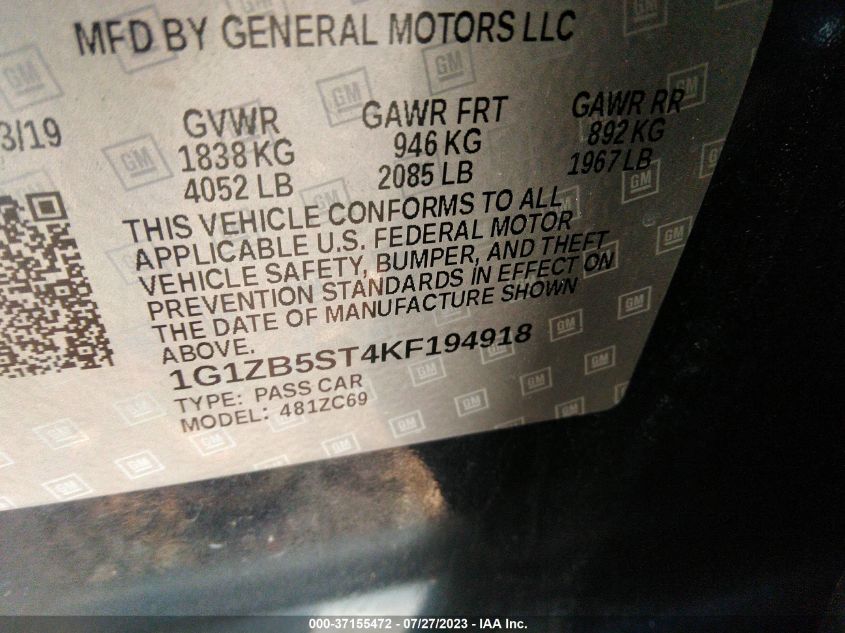 2019 CHEVROLET MALIBU LS - 1G1ZB5ST4KF194918