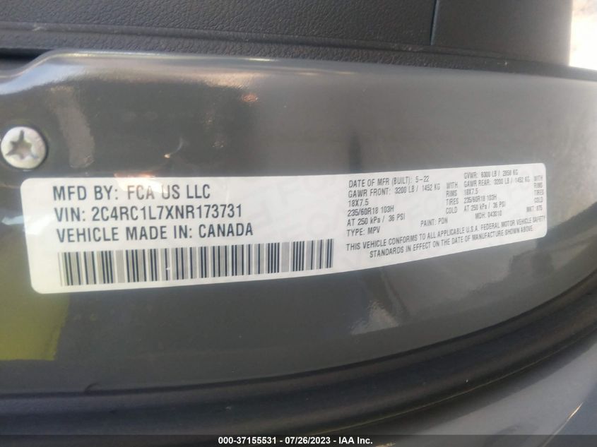 2022 CHRYSLER PACIFICA HYBRID TOURING L - 2C4RC1L7XNR173731