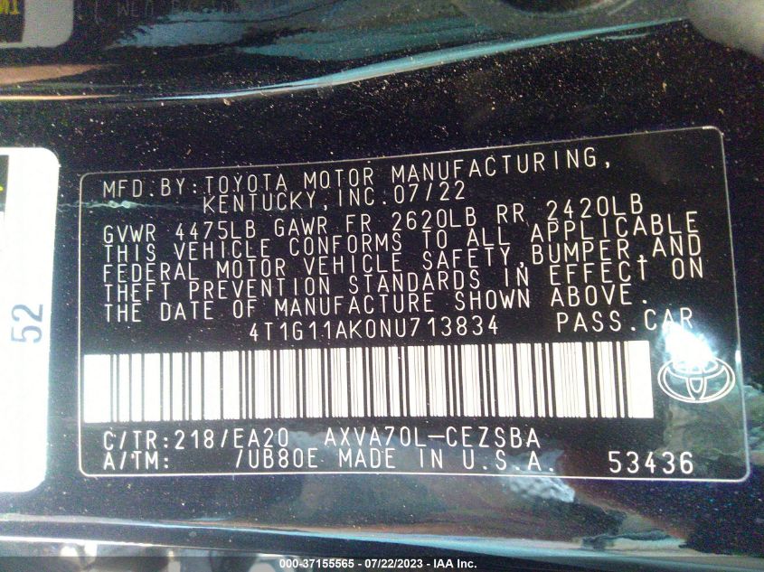 2022 TOYOTA CAMRY SE/SE NIGHT SHADE - 4T1G11AK0NU713834