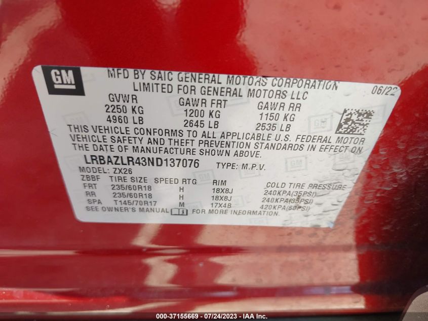 2022 BUICK ENVISION PREFERRED - LRBAZLR43ND137076