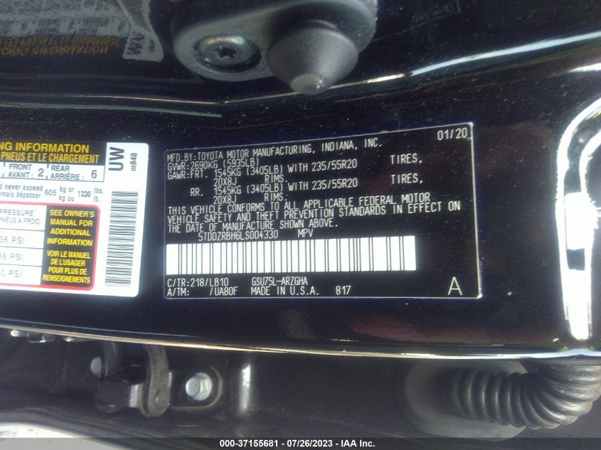 2020 TOYOTA HIGHLANDER LIMITED/PLATINUM - 5TDDZRBH6LS004330