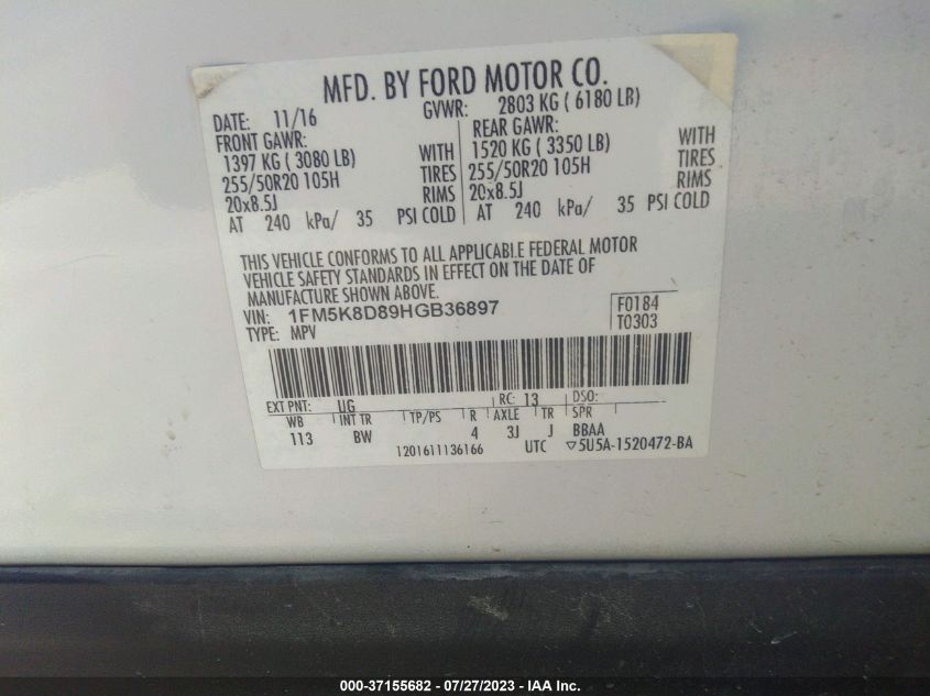 2017 FORD EXPLORER XLT - 1FM5K8D89HGB36897