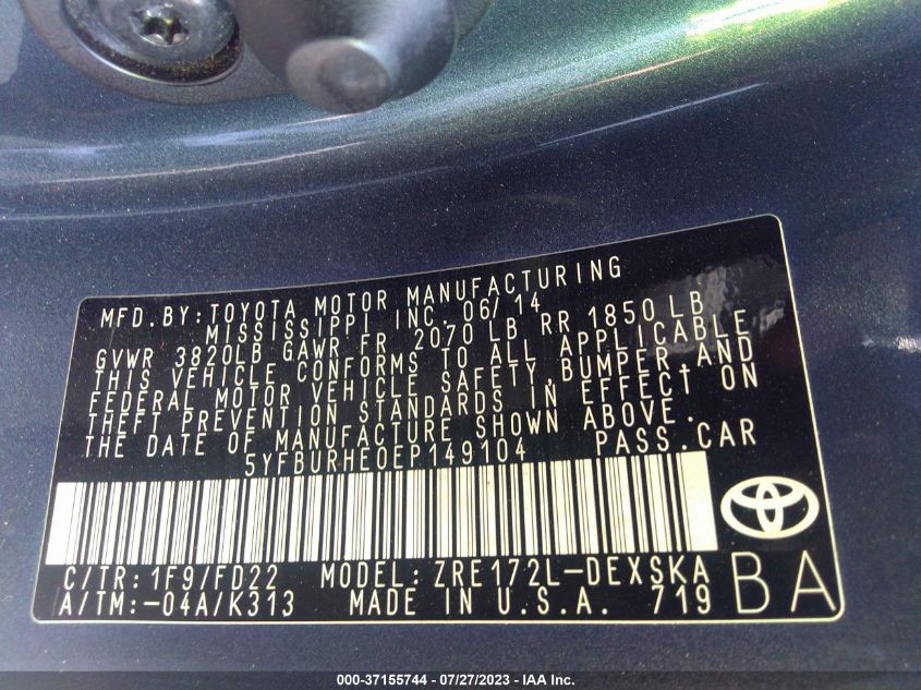 2014 TOYOTA COROLLA L/LE/LE PLS/PRM/S/S PLS - 5YFBURHE0EP149104