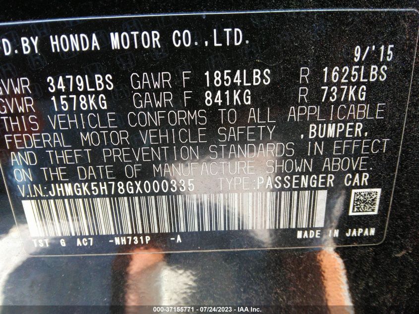 2016 HONDA FIT EX - JHMGK5H78GX000335