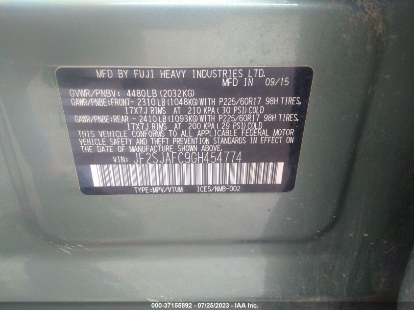 2016 SUBARU FORESTER 2.5I PREMIUM - JF2SJAFC9GH454774