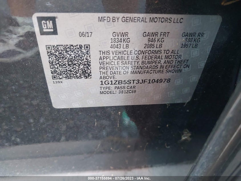 VIN 1G1ZB5ST3JF104978 2018 CHEVROLET MALIBU LS