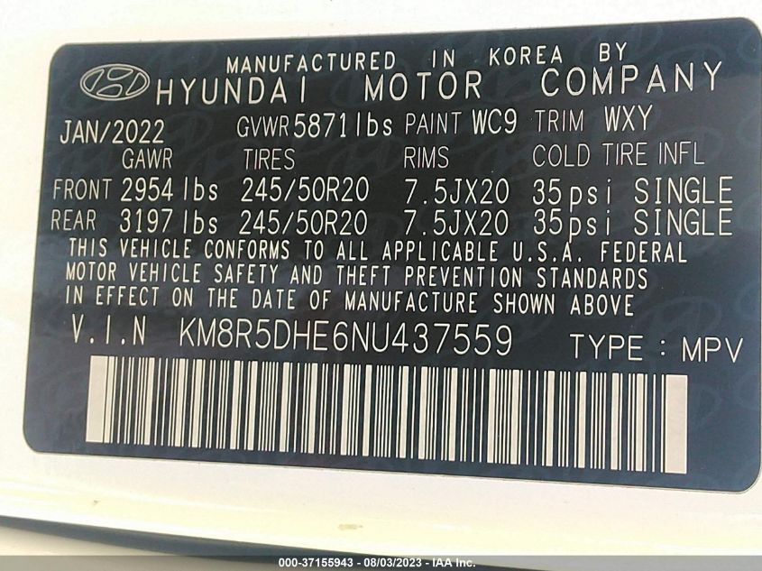 2022 HYUNDAI PALISADE LIMITED - KM8R5DHE6NU437559