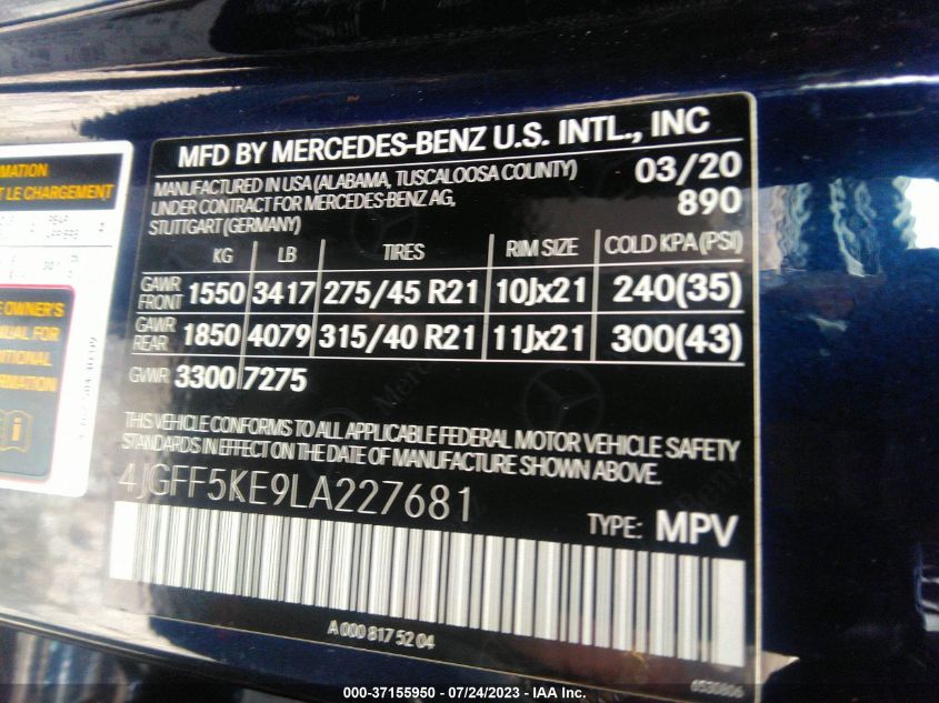 2020 MERCEDES-BENZ GLS GLS 450 - 4JGFF5KE9LA227681