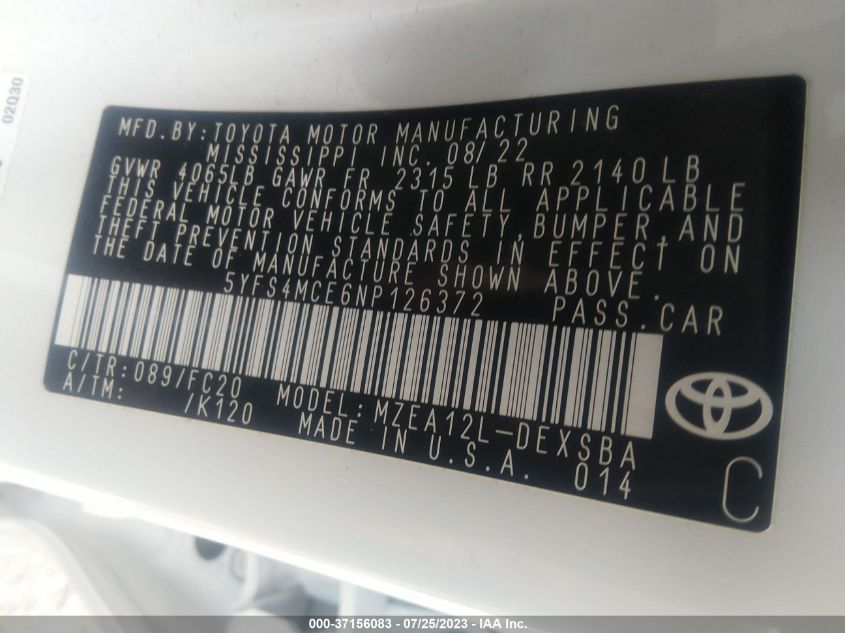 2022 TOYOTA COROLLA SE/NIGHT SHADE - 5YFS4MCE6NP126372