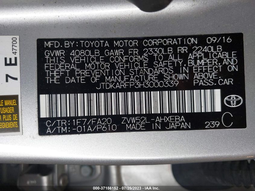 2017 TOYOTA PRIUS PRIME PLUS/PREMIUM/ADVANCED - JTDKARFP3H3000339