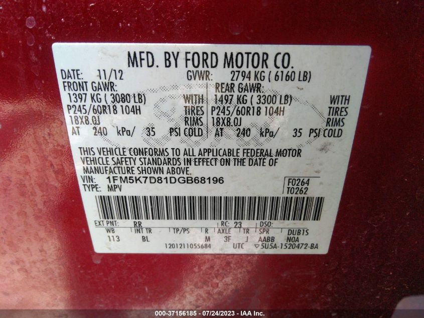 2013 FORD EXPLORER XLT - 1FM5K7D81DGB68196