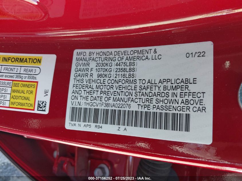 2022 HONDA ACCORD SEDAN SPORT - 1HGCV1F38NA022076