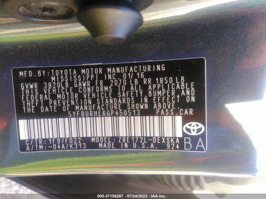 2016 TOYOTA COROLLA L/LE/LE PLS/PRM/S/S PLS - 5YFBURHE6GP450513