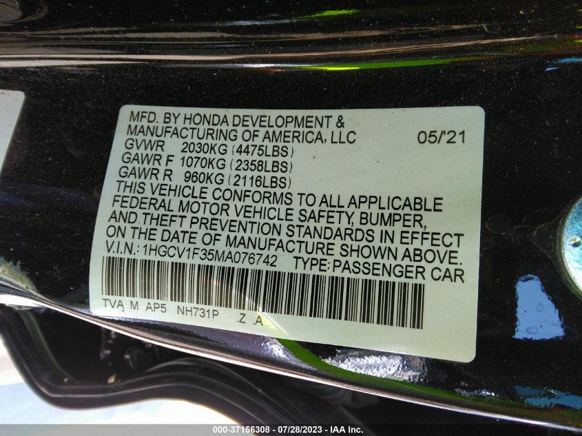 2021 HONDA ACCORD SEDAN SPORT - 1HGCV1F35MA076742