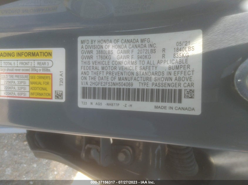 VIN 2HGFE2F53NH504069 2022 HONDA CIVIC SEDAN SPORT
