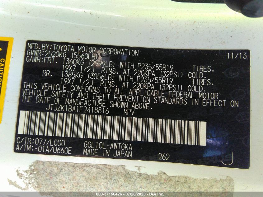 2014 LEXUS RX 350 - JTJZK1BA1E2418816
